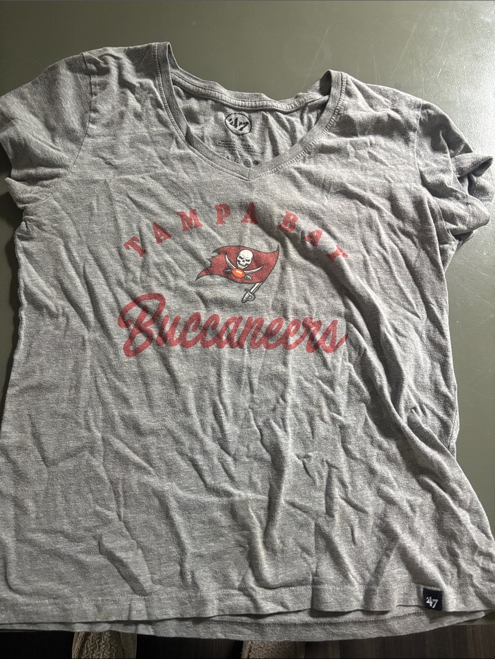 47 Women's Gray Tampa Bay Buccaneers V-Neck Tee with Red Logo